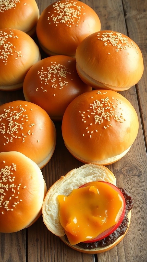 Freshly baked golden hamburger buns with sesame seeds on a wooden table, ready for burgers.